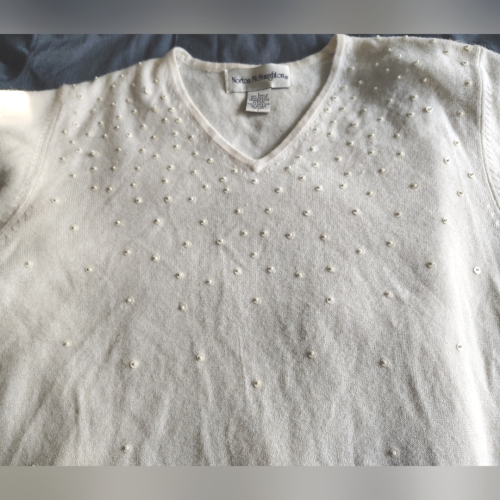 Norton McNaughton V- Neck Sweater, Ivory Bead + Ivory Sequin, Soft, Women, L - Picture 8 of 9
